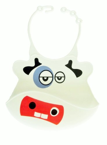 よだれかけ スタイ 食事エプロン おもしろ ベビー ビブ bib　シリコンゴムなので使い勝手抜群！ (白　ウシさん)