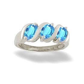14K White Gold Genuine Oval Blue Topaz 3-Stone Ring by Jewels For Me