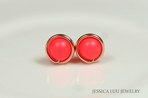 Rose Gold Neon Red Stud Earrings Swarovski Pearl Earrings Wire Wrapped Earrings