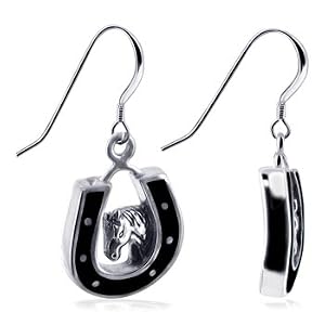 Black Onyx Sterling Silver French Hook Dangle Horse Shoe Earrings