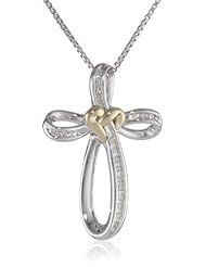 XPY Sterling Silver and 14k Yellow Gold Diamond Love Knot Cross Pendant Necklace (.10cttw, I-J Color, I2-I3 Clarity), 18"