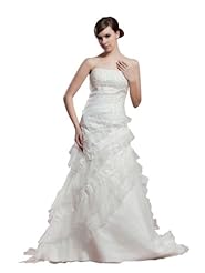 A-line Strapless Applique  Ruched Beaded Satin Spring Fall  Dress with a Court Train  With Ruffles