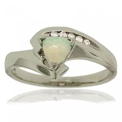 Trillion Created Opal & Diamond Diamond Bypass Ring in Solid 10K White Gold