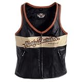 Harley Davidson Women's Prestige Leather Vest. Midweight deer-touch leather. Scoop neck with zippered front. Fixed poly-mesh lining. Two zippered hand-warmer pockets and one inside pocket. Leather appliqu� Harley-Davidson graphics on front. Direct embroidered Harley-Davidson graphics on the back. 98134-08VW