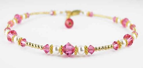 Rose -October Beaded Anklets: Swarovski Crystal Birthstone Jewelry. Adjustable 14K Gold Filled Ankle Bracelets