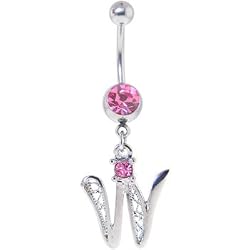 Passion Pink Jeweled Initial Dangle Belly Ring - Letter W