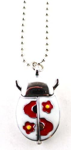 Silver Tone Retro Flower Red & White Ladybug Charm Watch Necklace Pendant Watch Necklace