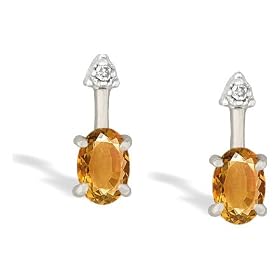 14K White Gold Genuine Oval Citrine and Diamond Drop Earrings by Jewels For Me