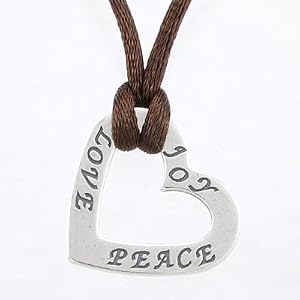 Double Sided Heart Shaped LOVE PEACE JOY Affirmation Band Pendant in Sterling Silver on Brown Satin Cord, 15" - 17" in Length, #8954