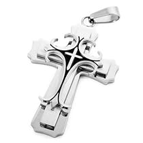 Mens Silver Black Stainless Steel Cross Necklace Pendants