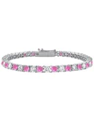 Created Pink Sapphire and Cubic Zirconia Prong Set 10K White Gold Tennis Bracelet 5.00 CT TGW