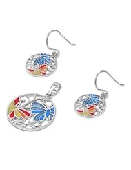 Sterling Silver Fashion Nature Design Round Butterfly Pendant and Earrings Jewelry Set