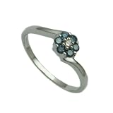 9ct White Gold Ladies Cross-Over Ring with Flower Centre Set with 0.25ct of Diamonds and Blue Diamonds Size - P