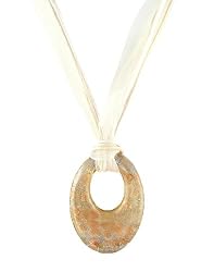 Necklace - N391 - Murano Glass Style - Open Oval Shape ~ Brown, Copper, Gold and Cream hung on 5 Strand Organza and Cotton Cord + 2" Extension Chain
