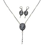 Victorian Cameo Jewelry Set Black -Earrings & Long Necklace 28L