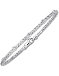 14K White Gold 7.25" 3.0mm Round Tube Basket Weaved Diamond Accent With 0.14Ct Diamond Fancy Bangle With Fancy Lobster Clasp