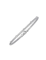 8" 14K White Gold 3.0mm (1/8") Round Tube Basket Weaved Diamond Accent w/ 0.14ct Diamond Fancy Bangle Bracelet w/ Fancy Lobster Clasp