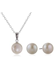White Chinese Freshwater Cultured Pearl Button Stud Earrings and Pendant, 18" 3-Piece Set