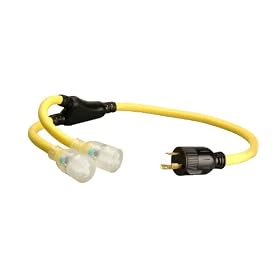 Coleman Cable 01915 3-Foot Generator Power Cord Adapter, 10/3 Splitter Y Adapter, L5-30P to (2) Lighted 5-20R