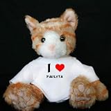 Plush Stuffed Brown Cat Toy with I Love Pauleta T-Shirt (first name/surname/nickname)