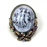 YellowAustrianRhinestoneBrownColorDancingLadyMaidenCameoAntiqueBrass-ToneBroochPin
