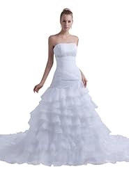 Strapless Spring Fall Mermaid Beaded Tiered Pleated   Organza Wedding Dress  with a Chapel Train  With Rhinestones and Ruffles