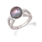 Rhodium Plated Grey Cultured Freshwater Pearl and CZ Ring