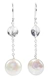 Sterling Silver White Freshwater Cultured Pearl and Crystal Coin Earrings