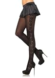 Opaque pantyhose with plumeria lace side panel O/S BLACK