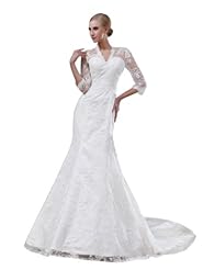 V-neck Mermaid Long Sleeves Spring Fall Sequined Lace-Up Satin Wedding Dress  with a Court Train 