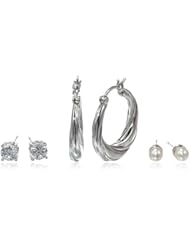 Bronze Round Simulated Diamond Stud, Freshwater Cultured Pearl Stud, and Hoop Earrings Jewelry Set