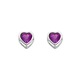 .925 Sterling Silver Rhodium Plated 5mm February Birthstone Heart Bezel CZ Solitaire Basket Stud Earrings for Baby and Children & Women with Screw-back (Amethyst, Purple)