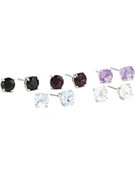 Sterling Silver with Gemstones 6mm Round Set of 5 Pairs Stud Post Earrings
