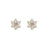 14K Yellow Gold Plated Pink Flower CZ Stud Earrings with Screw-back for Children & Women