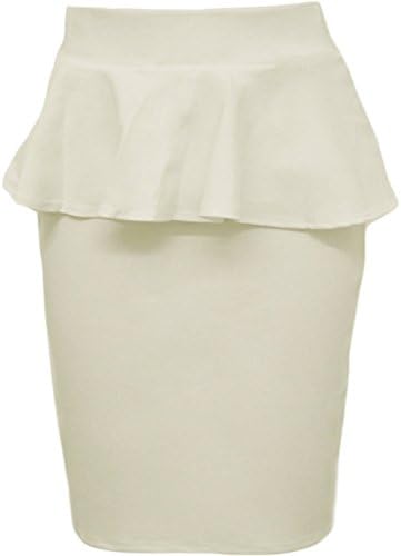 New Womens Flared Waist Peplum Frill Midi Bodycon Pencil Skirts (10, Cream)