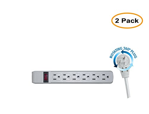 6 Outlet Surge Protector 15A 120V with Flat Rotating Plug 4ft Power cord 3 Prong 6 Outlet Power Strip with 4 Feet Power Cable and 360 Degree Rotating Plug, Gray CNE471490 (2 Pack)