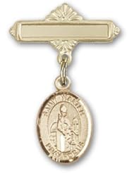 14K Gold Baby Badge with St. Walter of Pontnoise Charm and Polished Badge Pin
