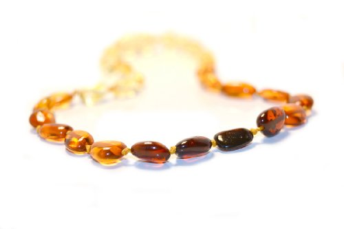 The Art of Cure TM - Baltic Amber Baby Teething Necklace - Large Bean Rainbow Amber Beads - w/ "The Art of Cure TM" jewelry storage pouch
