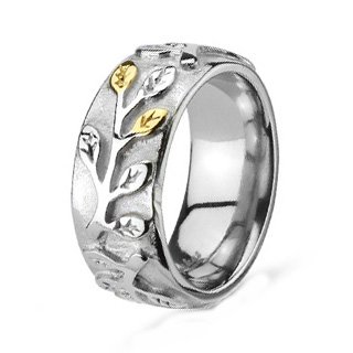 8MM Polished Stainless Steel Wedding Band Ring For Women with Leaf Designs in Center