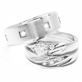 His & Hers 3 Pieces, 925 STERLING SILVER & STAINLESS STEEL Engagement Wedding Ring Set, women size 10, 11, 12