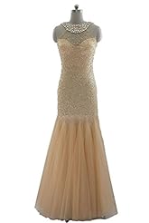 Floor Length Natural   Waistline Asymmetric Illusion Sequined Lace Beaded Mermaid Tulle Prom Dress 