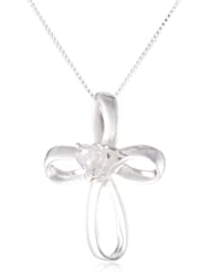 Sterling Silver Open Cross Pendant with Heart Shaped Cubic Zirconia Stone Necklace, 18"