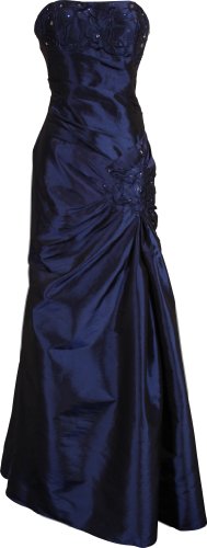 Strapless Taffeta Long Gown With Side Gathered Skirt, Embroidered Flowers, Crystal Accents, Large, Navy