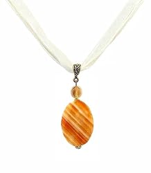 Necklace - N52 - Genuine Semi Precious Gemstone on Five-Strand Organza and Cotton Cord + 2" Extension Chain - Oval Shape ~ Red Stripe Agate