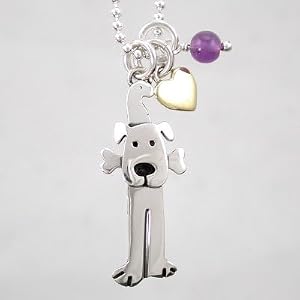 Dog and Bone Pendant in Sterling Silver with Brass Heart and Amethyst Accents on 15" Chain, #8909