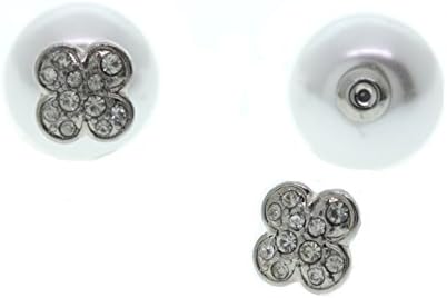 Simulated White Pearl Clear Crystal Silver Tone Double Sided Clover Earrings