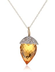 XPY 10k Yellow Gold Citrine and Diamond Acorn Pendant (.03 cttw, I-J Color, I3 Clarity), 18