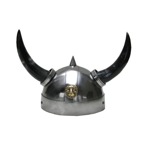 & Authentic Reproduction Steel Viking Warrior Helmet with Horns and Brass Trim Paradeenow