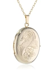 14k Gold Filled Engraved Flower 4-Picture Oval Locket, 20"