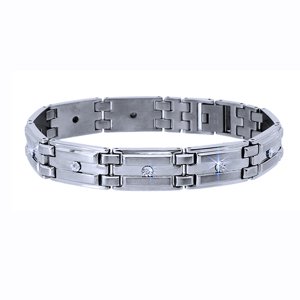 Men's 10k white Gold & Stainless Steel Diamond Bracelet, 8.5 Inches X 1/2 Inch (0.10 ctw)